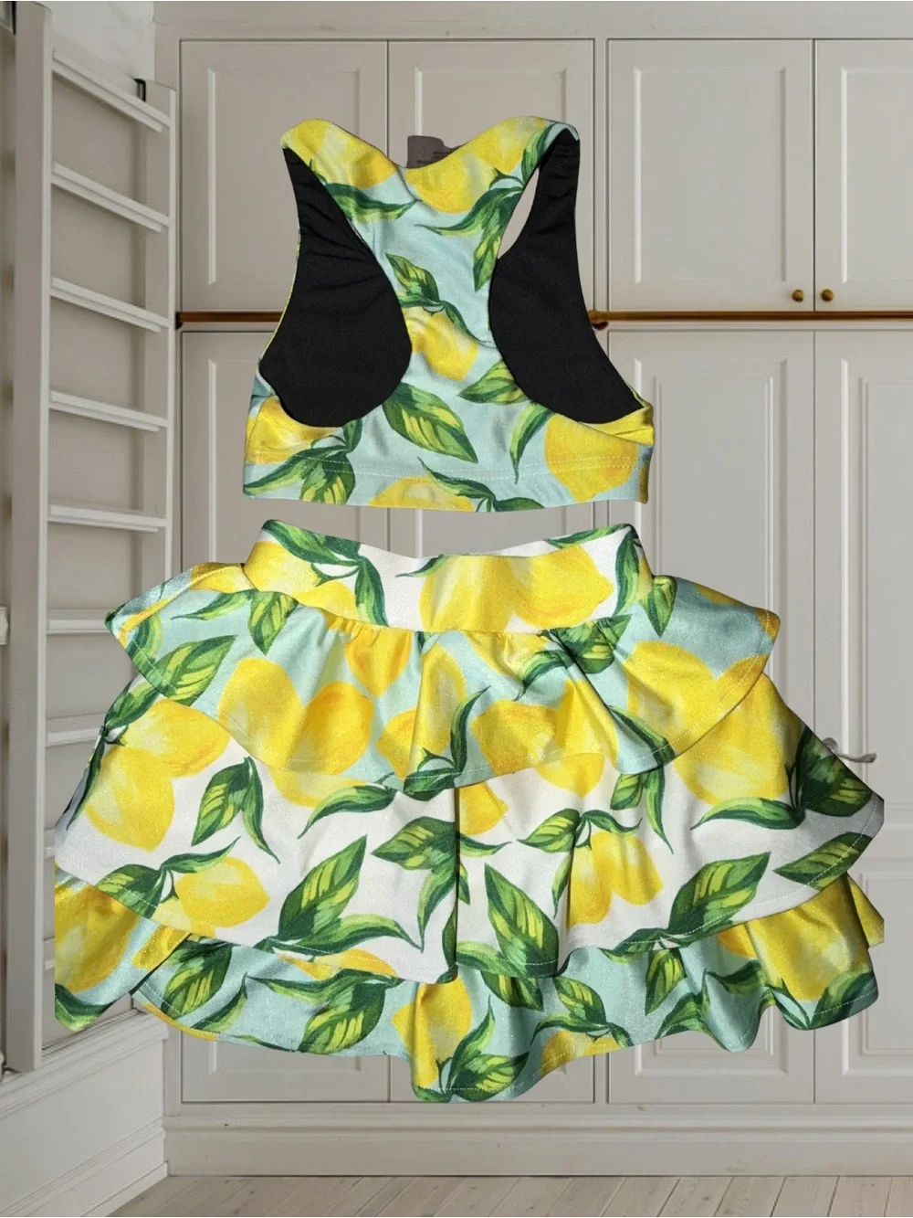 🍋Terez Girls Aqua Lemon Spritz Two Piece Set Sports Bra Tiered Skirt Size 5 🍋